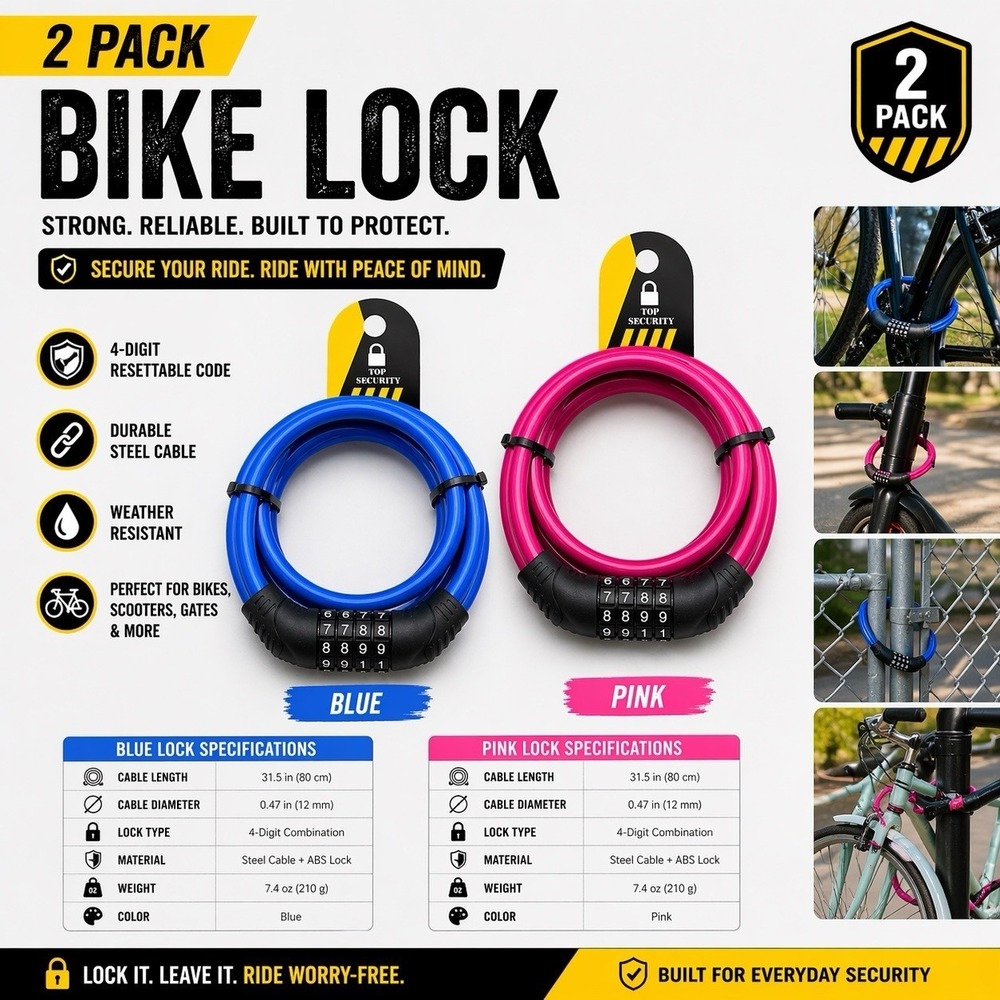 2 Pack 4 Digit Combination Bike Lock Anti Theft Scooter Gate Lock 4 Colors